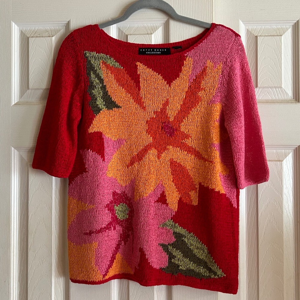 Vintage Crazy Horse Abstract Floral Open Knit sweater